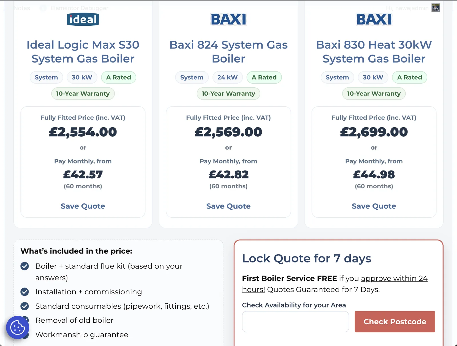 Boiler pricing results with fitted prices and monthly payment examples