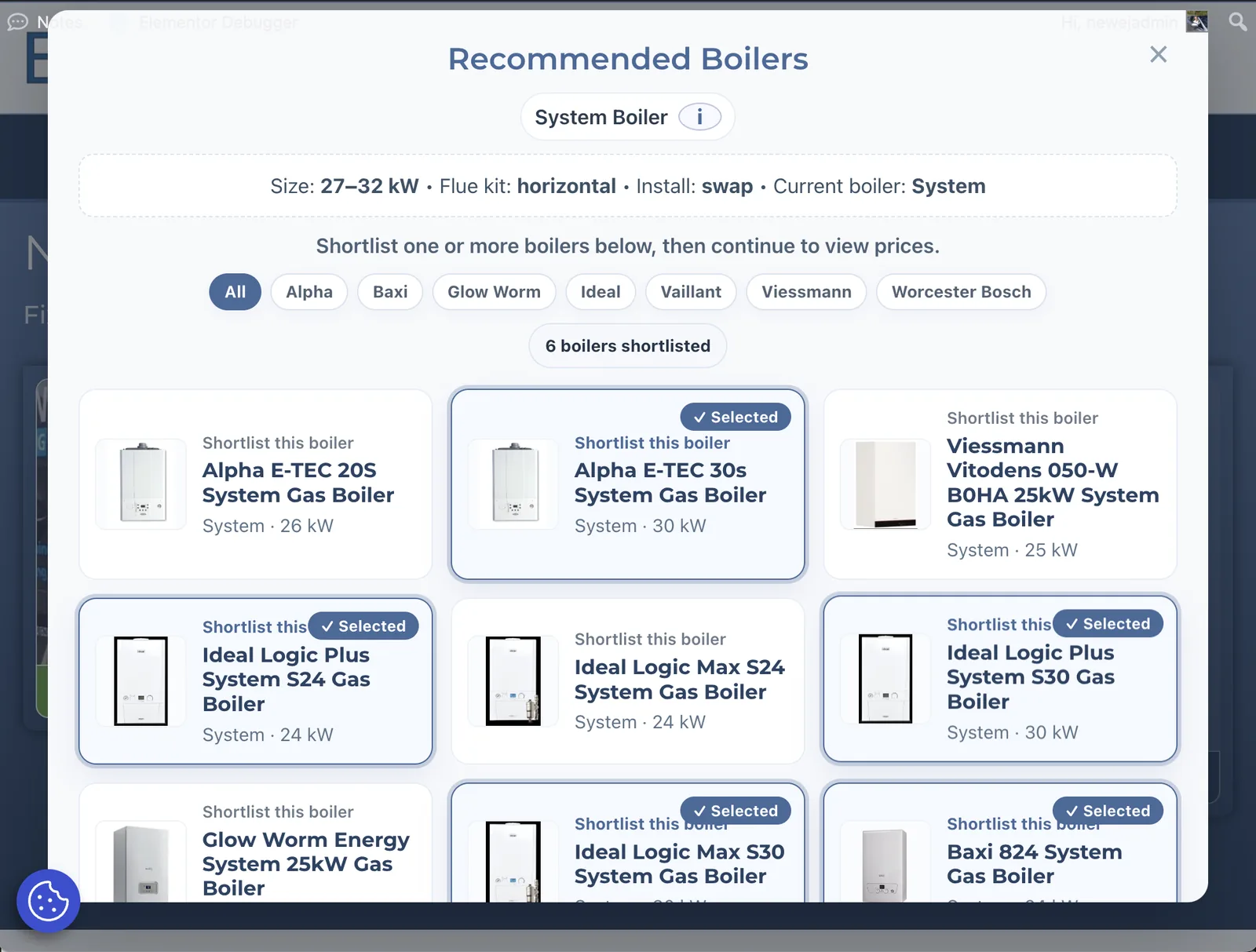 Recommended boiler shortlist modal with boiler filters