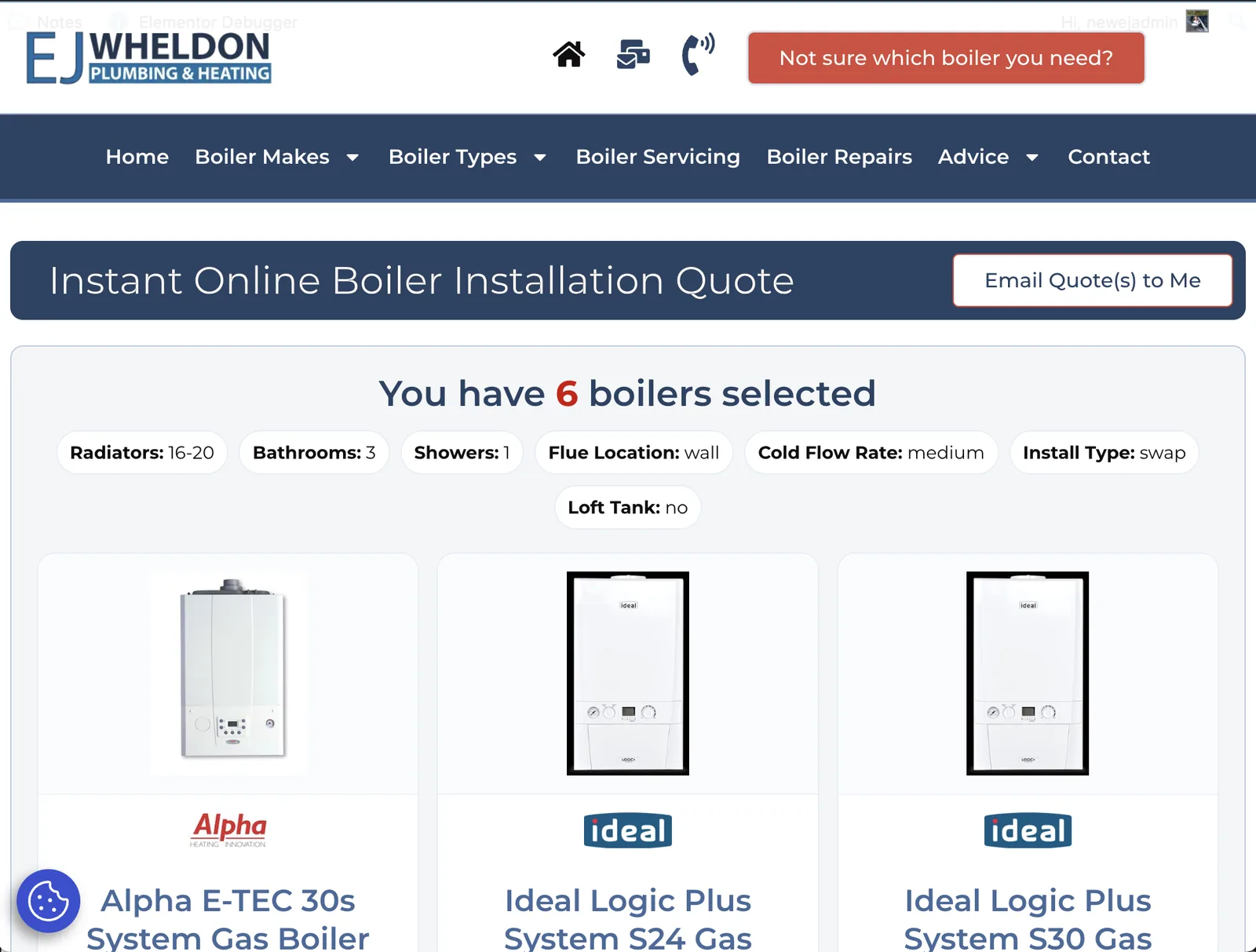 Selected boiler cards with quote criteria summary