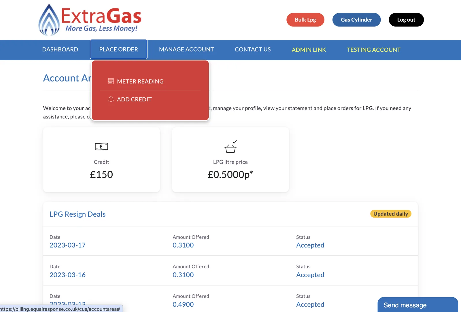Customer portal dropdown menu showing meter reading and add credit options