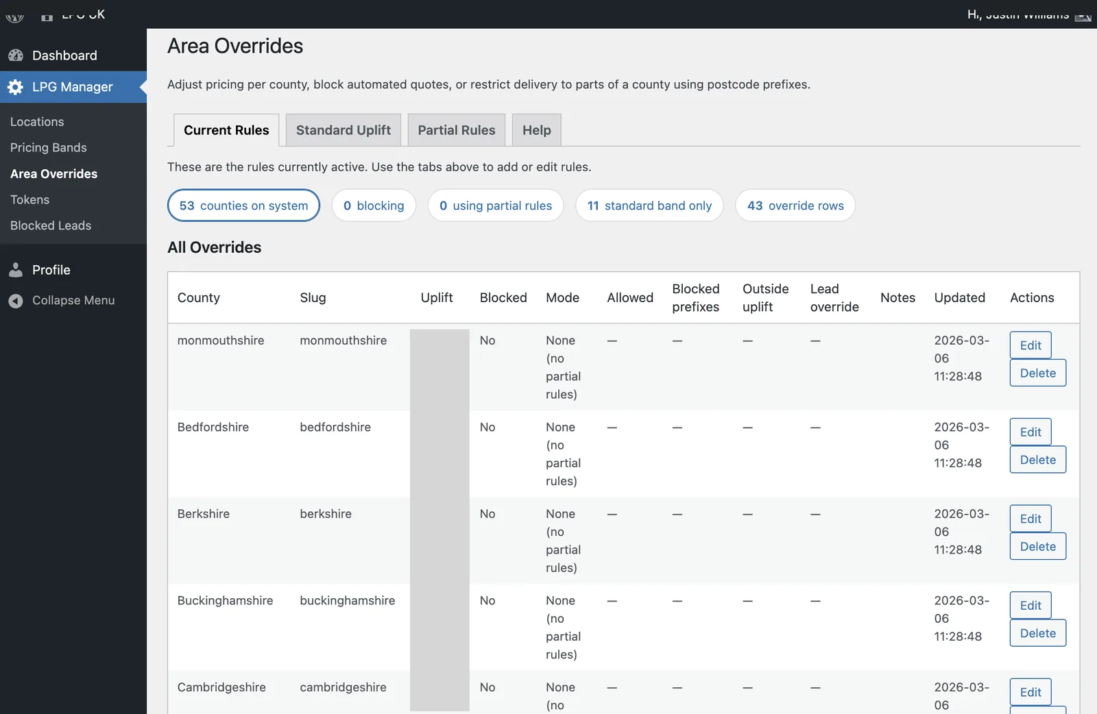 LPGUK area overrides admin table showing county pricing rules