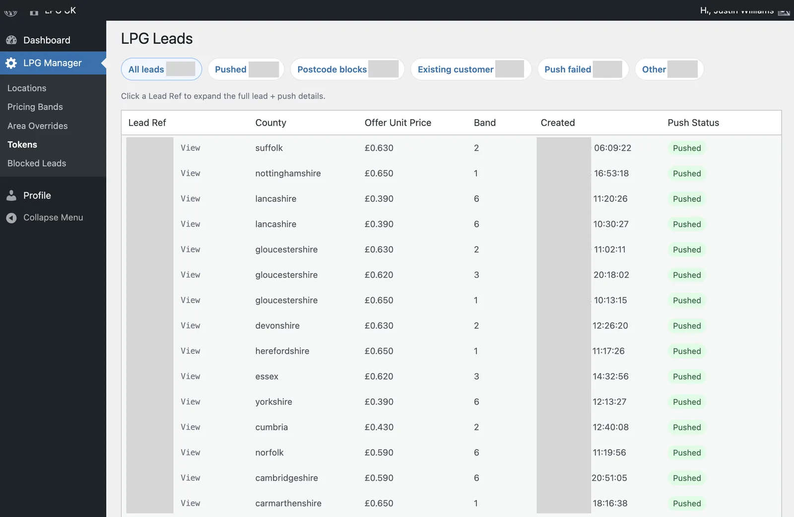 LPGUK admin leads table showing quote records and push status
