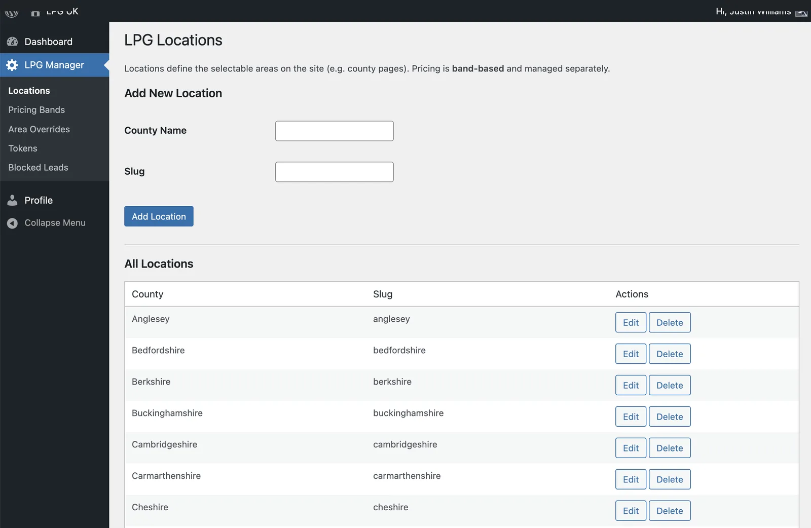 LPGUK location manager showing county names and slugs