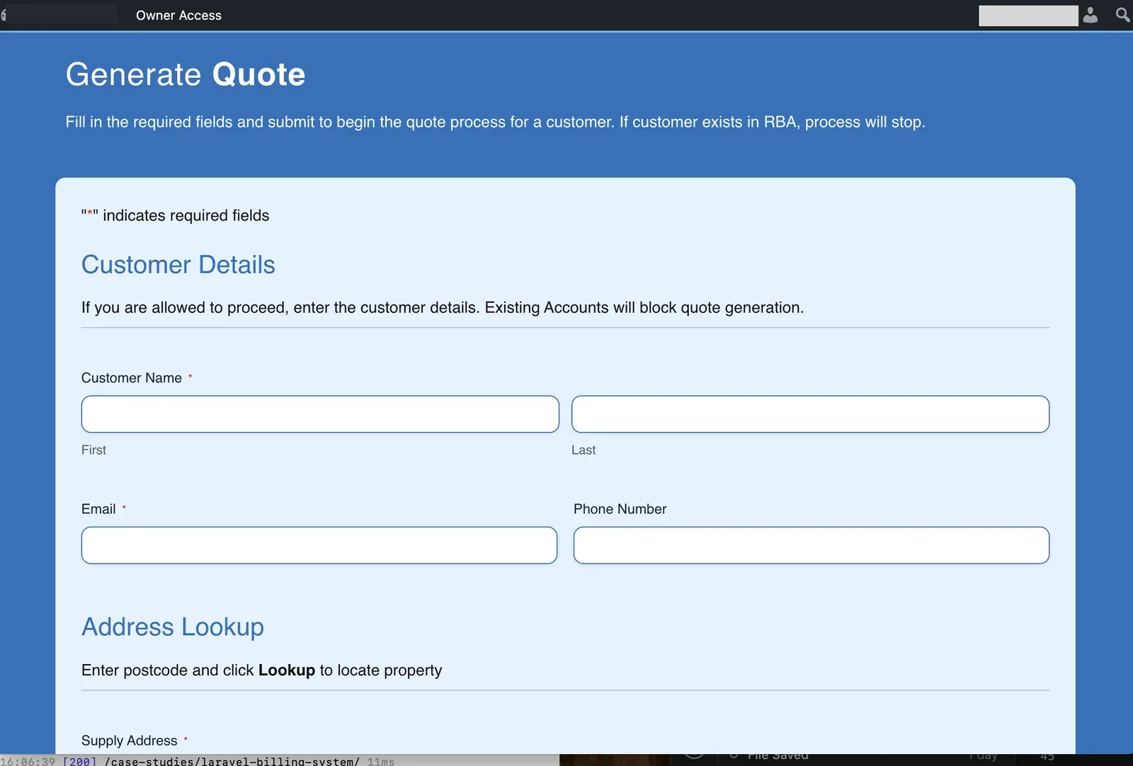 Generate quote screen with customer details and address lookup fields